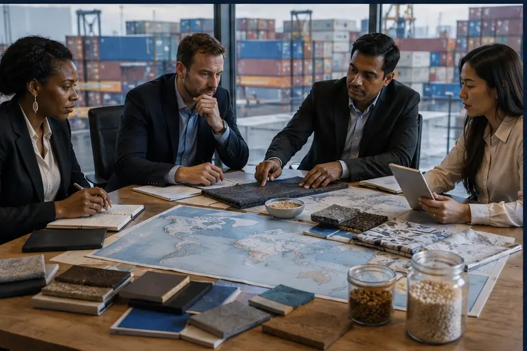 International procurement workflow connecting requirements, supplier bids, evaluation, contract, and onboarding